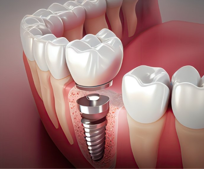 Illustration of dental implant in jaw with crown